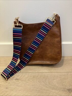 Social Threads Brown Leather Messenger Bag with Striped Adjustable Strap